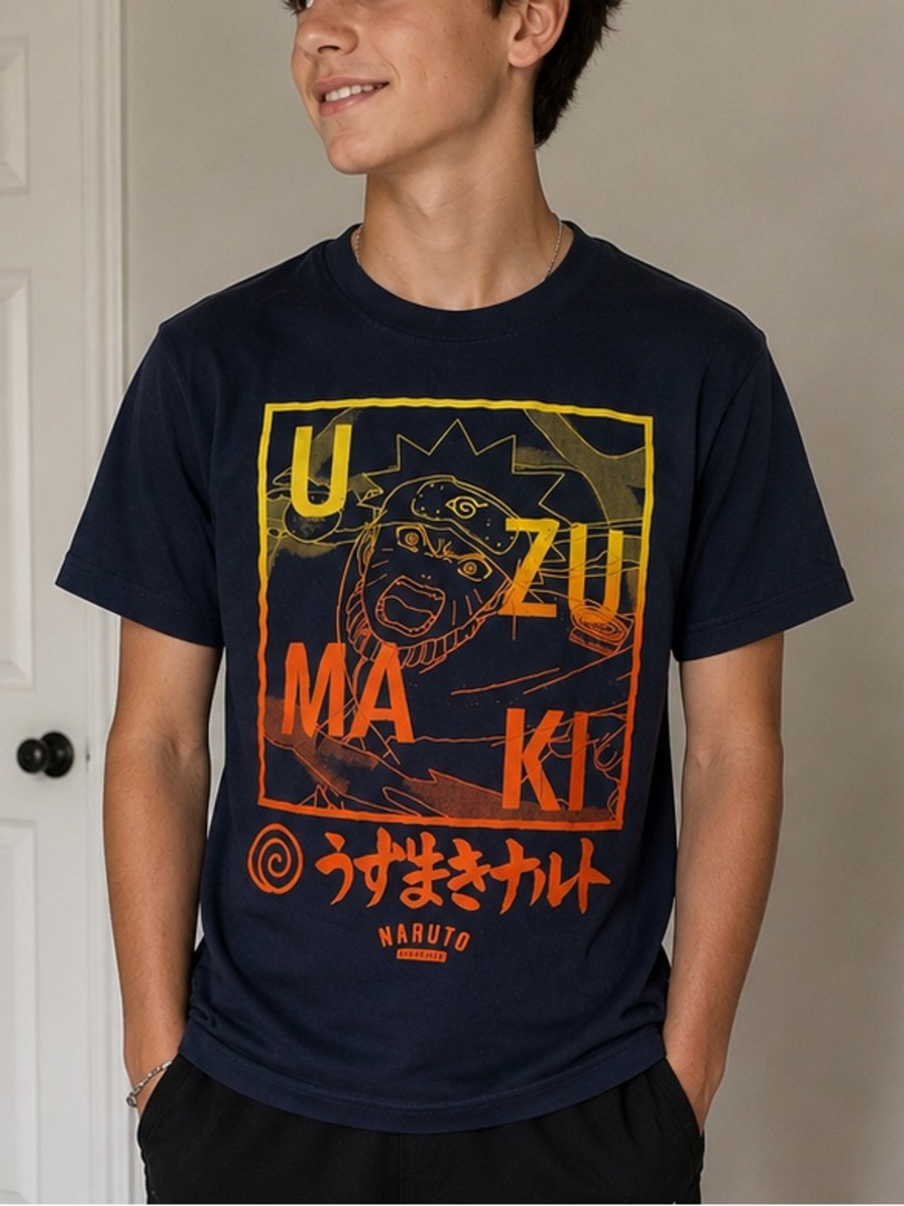 Naurto Uzumaki Cotton T-Shirt with Graphic Featuring “UZUMAKI” and Japanese Text